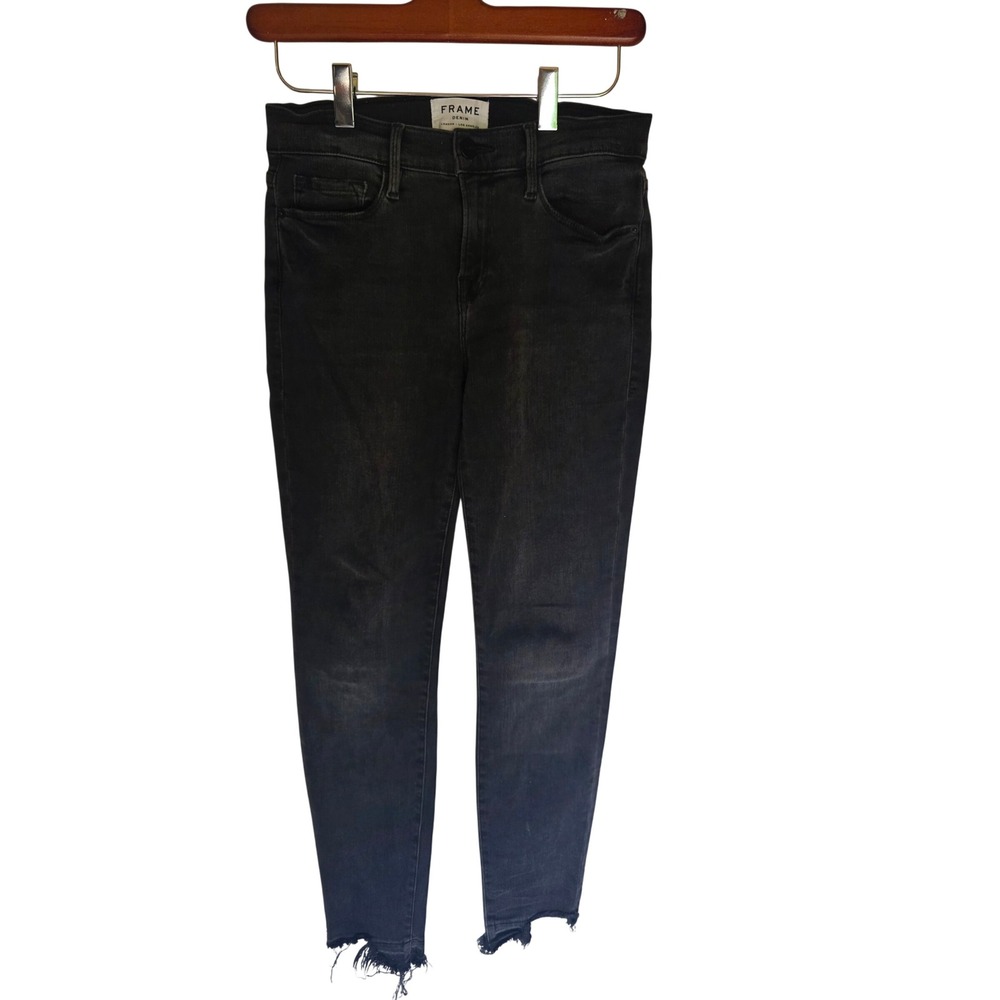 Frame Le Skinny de Jeanne Crop Jeans Faded Black Raw Hem Size 26 Raw Hem